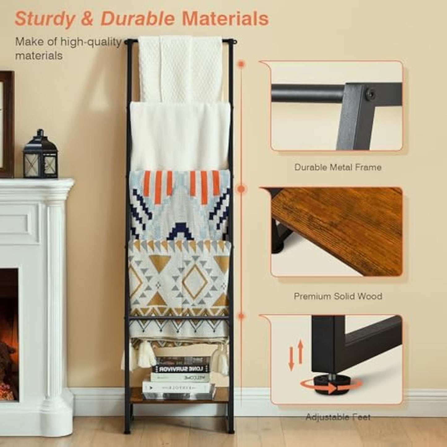 Farmhouse Ladder Rack – 5.2ft Blanket Display Shelf