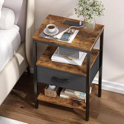 Rustic Nightstand with Power Station and Storage Shelf