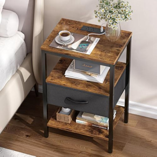 Rustic Nightstand with Power Station and Storage Shelf