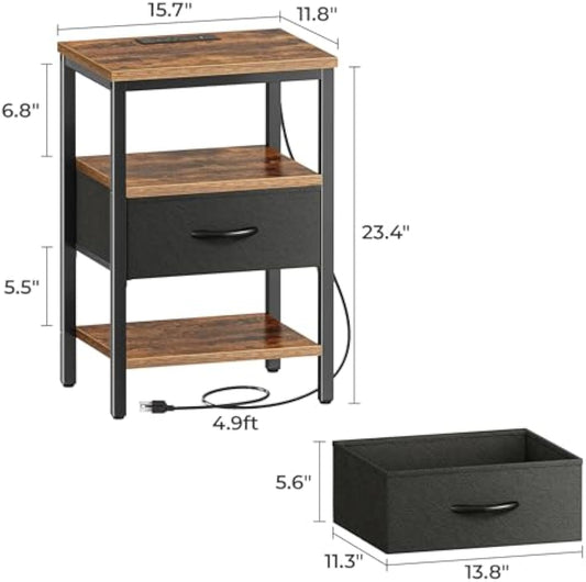 Rustic Nightstand with Power Station and Storage Shelf