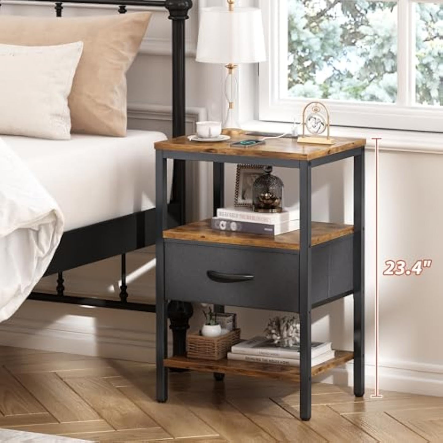Rustic Nightstand with Power Station and Storage Shelf