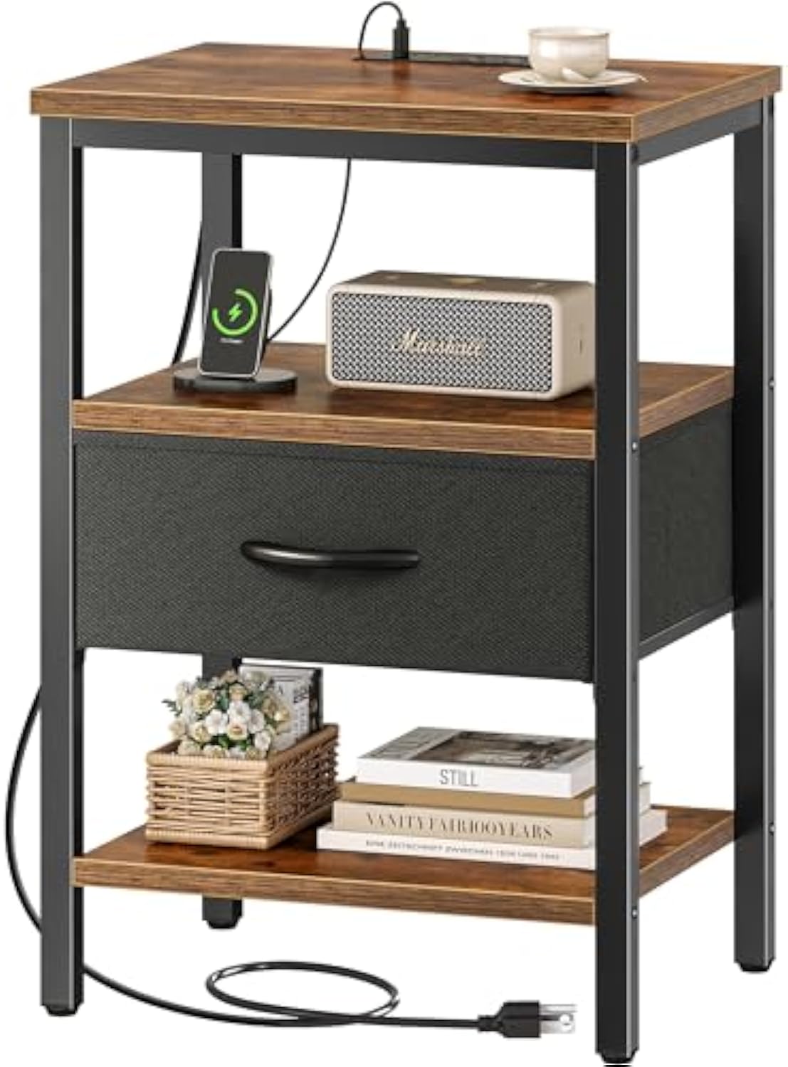 Rustic Nightstand with Power Station and Storage Shelf