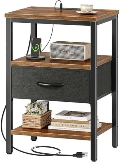 Rustic Nightstand with Power Station and Storage Shelf