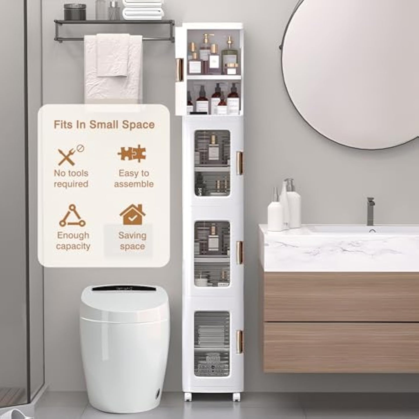 Compact Rolling Cabinet with Magnetic Doors and 4 Shelves