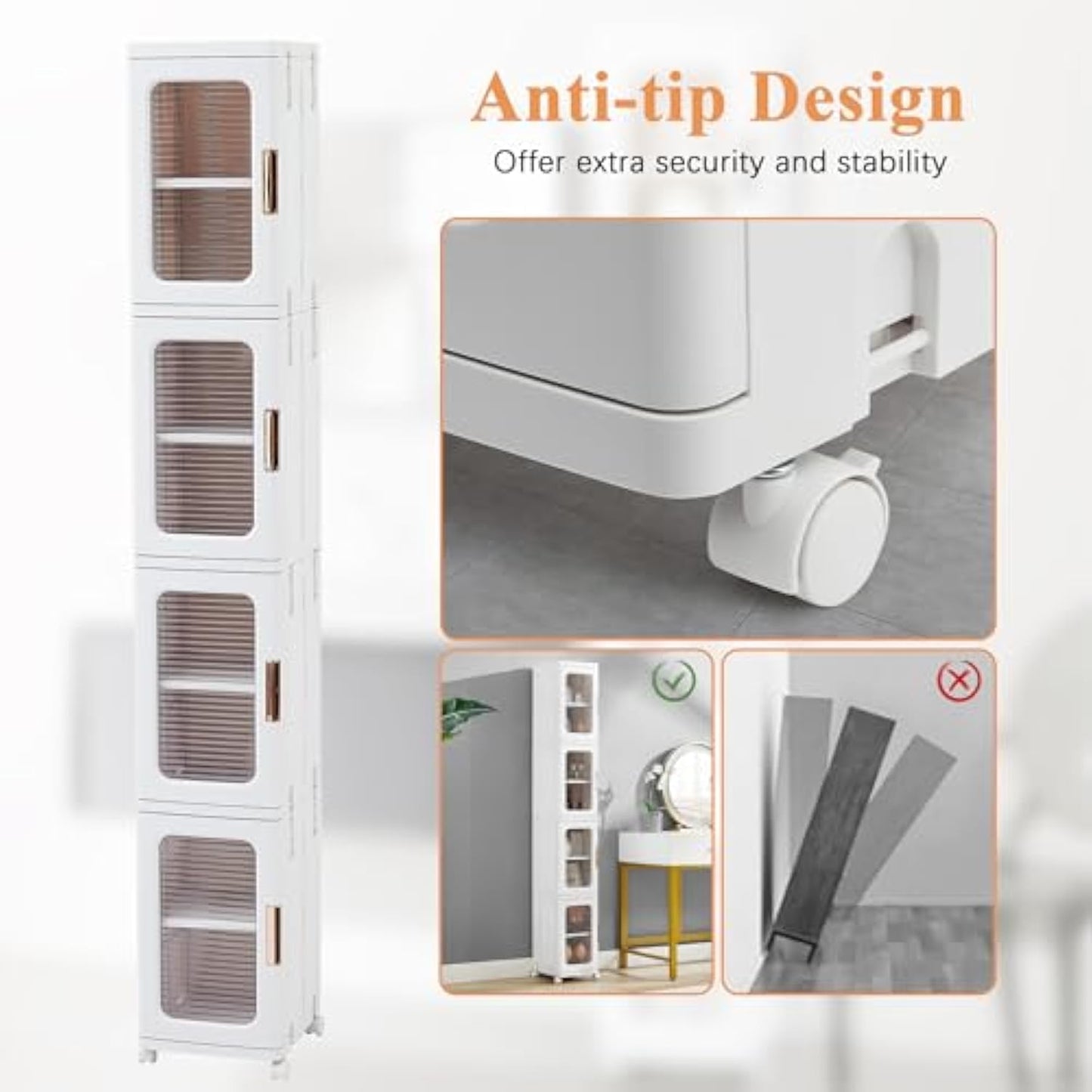 Compact Rolling Cabinet with Magnetic Doors and 4 Shelves